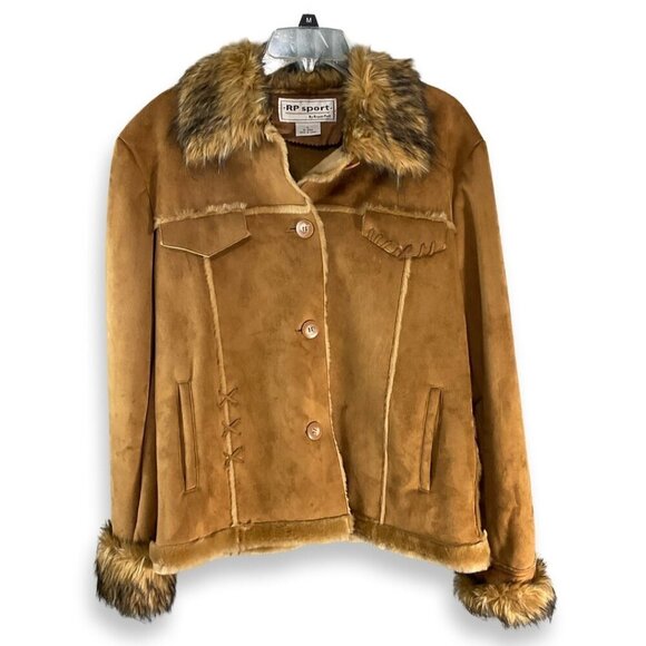 VTG RP Sport Regent Park Jacket Y2K Womens‎ L Cognac Faux Suede Fur Boho Western - Picture 5 of 12